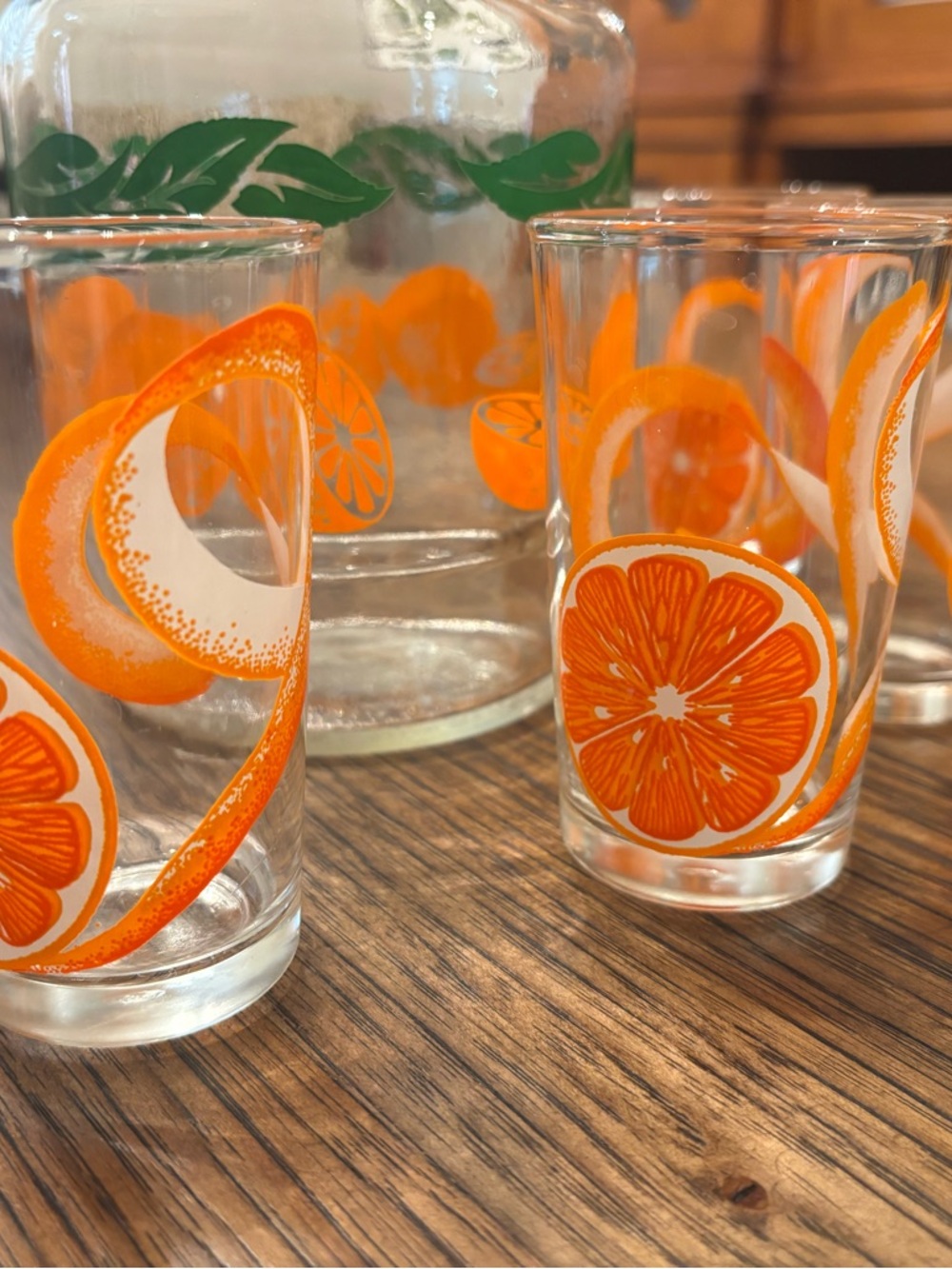 Vintage 1960s Anchor Hocking Citrus Orange Juice Carafe & 4 Juice Glasses MCM - Picture 4 of 15